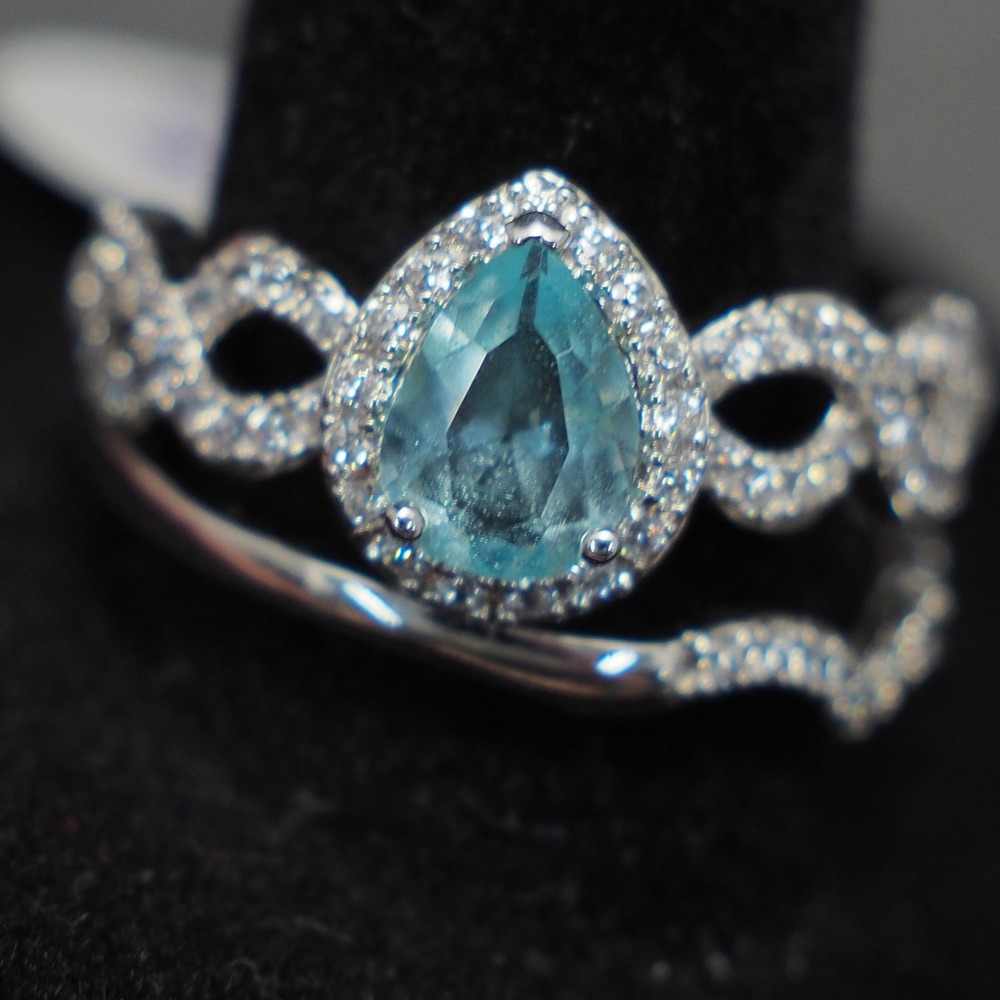 Ring Set 2pc Blue Pear Rhinestone March Birthstone Halo Infinity Silver Tone - Picture 4 of 8